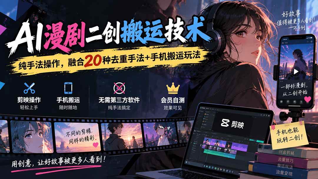 （20551期）AI漫剧二创搬运技术，纯手法操作，融合20种去重手法++手机搬运玩法