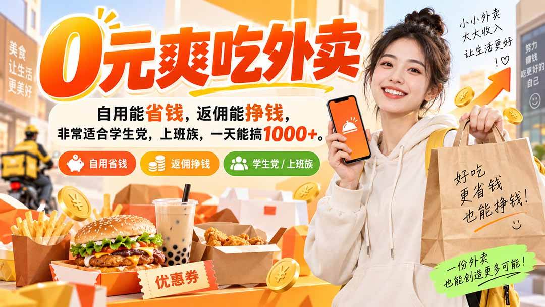 (20309期)0元爽吃外卖,自用能省钱,返佣能挣钱,非常适合学生党,上班族,一天能搞1000+-龙部落