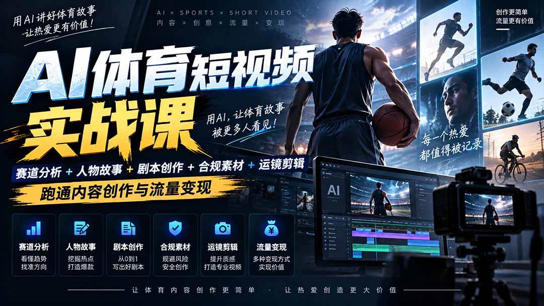 （20515期）AI体育短视频赛道顶级玩法｜赛道分析+人物故事+剧本创作+版权处理+运镜剪辑，跑通流量变现-日赚1K+-龙部落