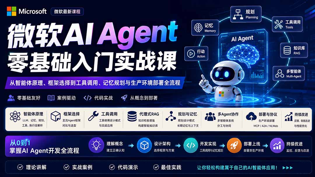 微软AI Agent零基础入门实战课:从智能体原理、框架选择到工具调用、记忆规划与生产环境部署全流程-龙部落