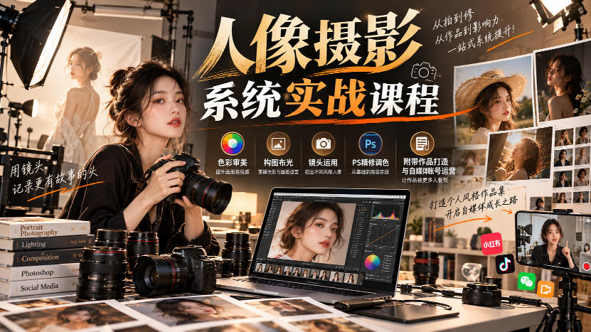 【无水印】人像摄影系统实战课程,色彩审美、构图布光、镜头运用、PS精修调色,附带作品打造与自媒体账号运营-龙部落