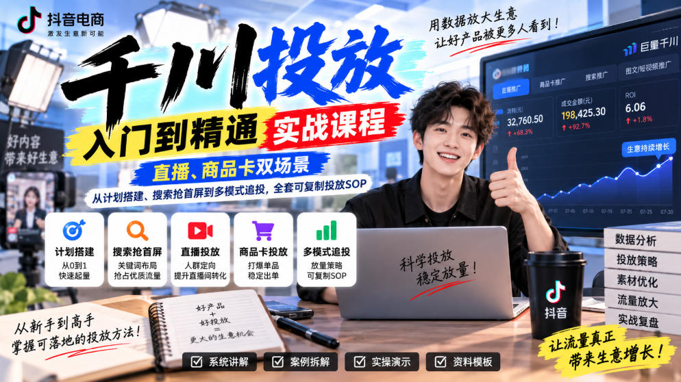 千川投放入门到精通实战课程,直播、商品卡双场景,从计划搭建、搜索抢首屏到多模式追投,全套可复制投放SOP-龙部落