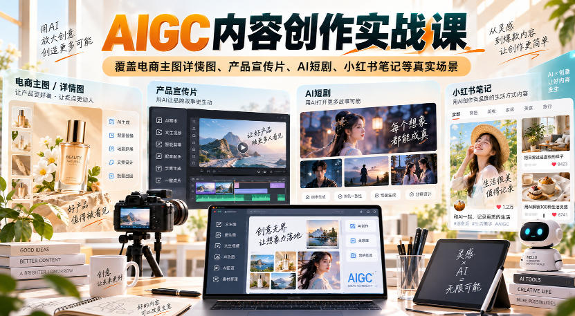 AIGC内容创作实战课,覆盖电商主图详情图、产品宣传片、AI短剧、小红书笔记等真实场景-龙部落