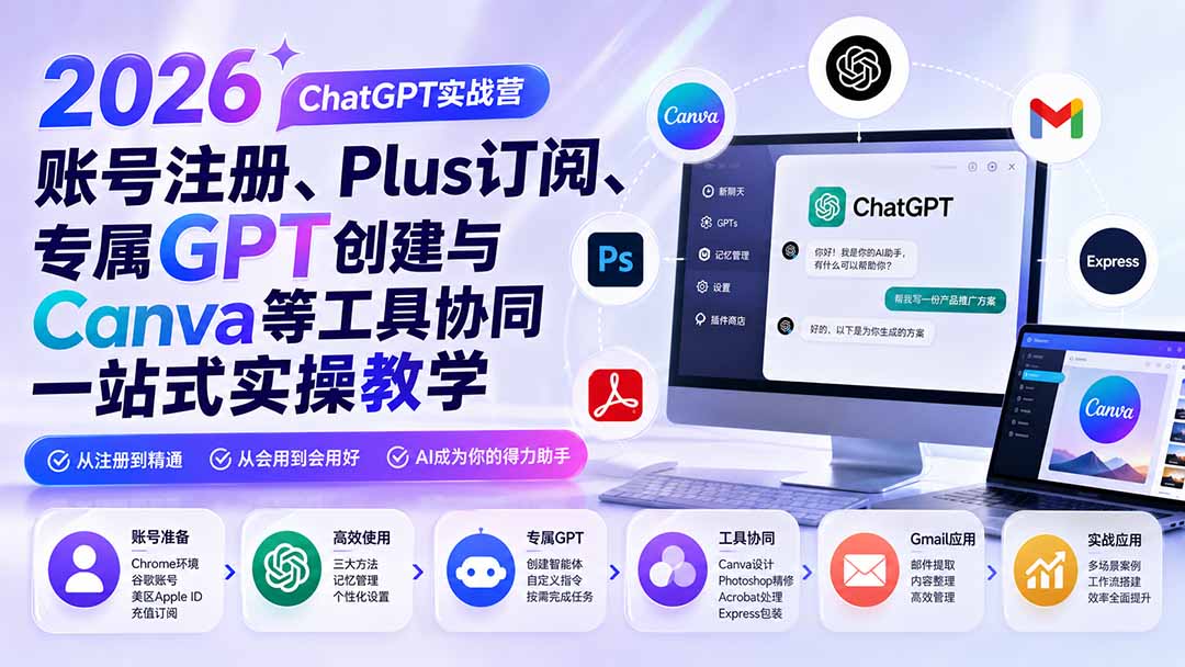 2026 ChatGPT实战营；账号注册、Plus订阅、专属GPT创建与Canva等工具协同一站式实操教学-龙部落
