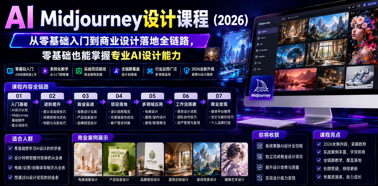 AI Midjourney设计课程(2026),从零基础入门到商业设计落地全链路,零基础也能掌握专业AI设计能力(更新0913)-龙部落