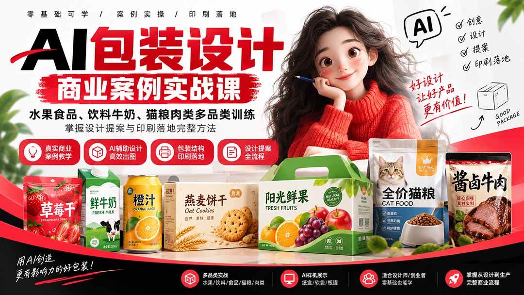 (20387期)AI包装设计商业案例实战课:水果食品、饮料牛奶、猫粮肉类多品类训练,掌握设计提案与印刷落地完整方法-龙部落