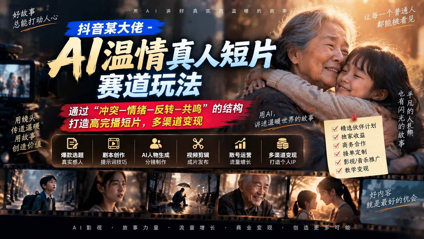 (20538期)抖音某大佬-AI温情真人短片赛道玩法:通过“冲突—情绪—反转—共鸣”的结构打造高完播短片,多渠道变现-龙部落