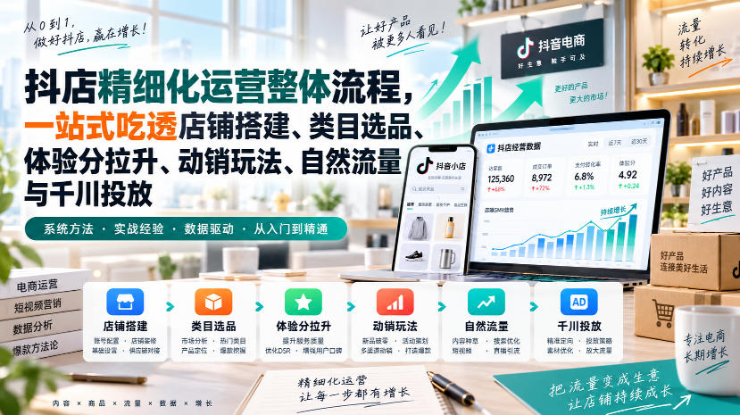 李哥电商-抖店精细化运营整体流程，一站式吃透店铺搭建、类目选品、体验分拉升、动销玩法、自然流量与千川投放-龙部落
