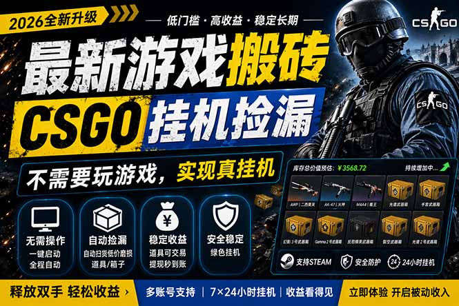 最新游戏搬砖，CSGO纯挂机，不需要玩游戏，实现真挂机，月入1W+，五一小高峰上车可吃肉，…-龙部落