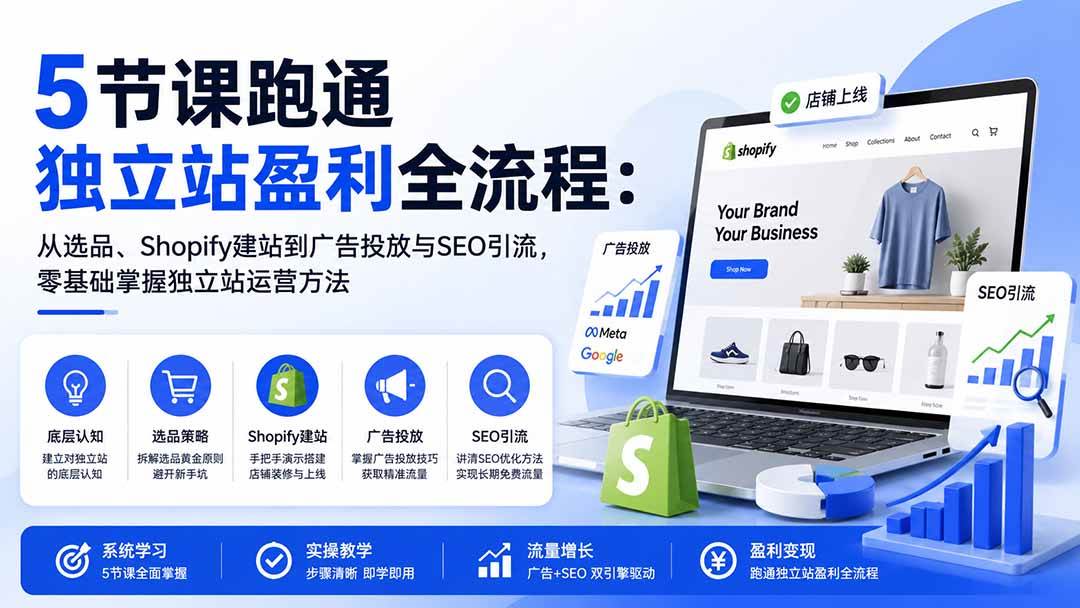 （20316期）5节课跑通独立站盈利全流程：从选品、Shopify建站到广告投放与SEO引流，零基础掌握独立站运营方法-龙部落