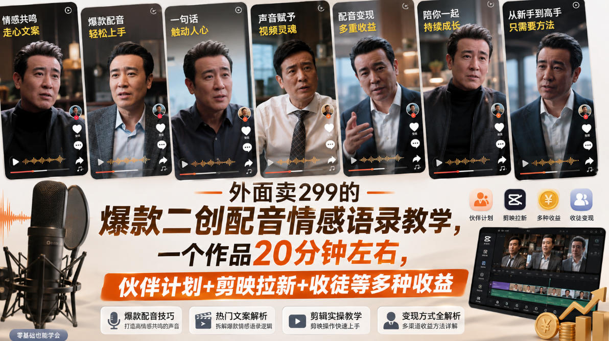 外面卖299的爆款二创配音情感语录教学,一个作品20分钟左右,伙伴计划+剪映拉新+收徒等多种收益(更新)