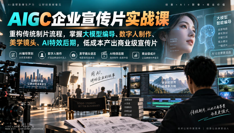 AIGC企业宣传片实战课,重构传统制片流程,掌握大模型编导、数字人制作、美学镜头、AI特效后期,低成本产出商业级宣传片-龙部落