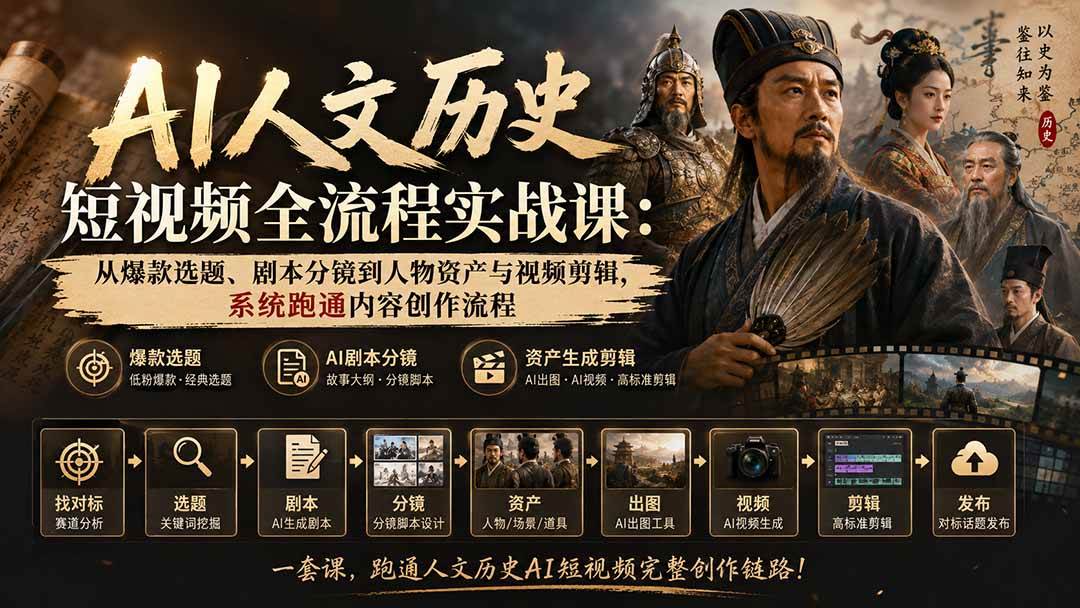（20476期）AI人文历史短视频全流程实战课-更新：从爆款选题、剧本分镜到人物资产与视频剪辑，系统跑通内容创作流程-龙部落