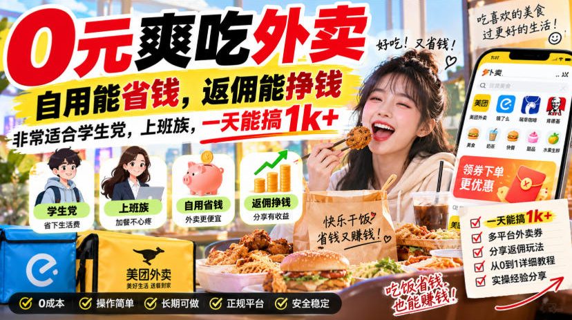 0元爽吃外卖，自用能省钱，返佣能挣钱，非常适合学生党，上班族，一天能搞1k+-龙部落