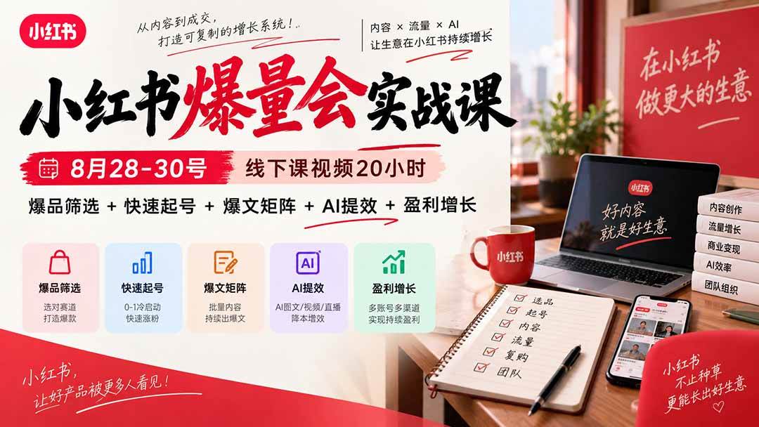 (20359期)小红书爆量会实战课:8月28-30号线下课视频20小时,爆品筛选+快速起号+爆文矩阵+AI提效+盈利增长-龙部落