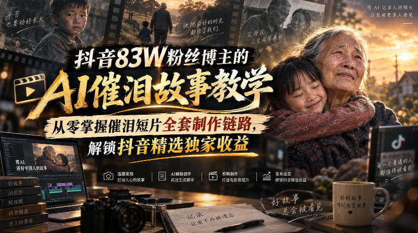 抖音83W粉丝博主的AI催泪故事教学，从零掌握催泪短片全套制作链路，解锁抖音精选独家收益-龙部落