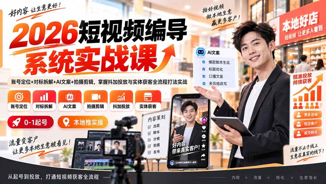 (20305期)2026短视频编导系统实战课:账号定位+对标拆解+AI文案+拍摄剪辑,掌握抖加投放与实体获客全流程打法实战-龙部落