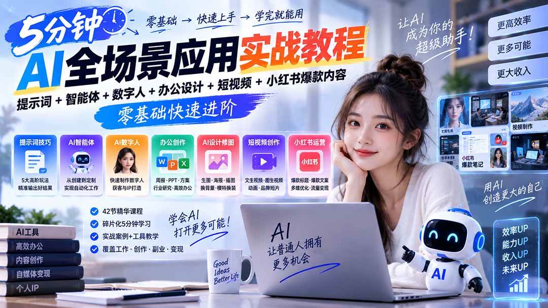 （20493期）AI全场景应用实战教程｜提示词+智能体+数字人+办公设计+短视频+小红书爆款内容，零基础快速进阶-龙部落