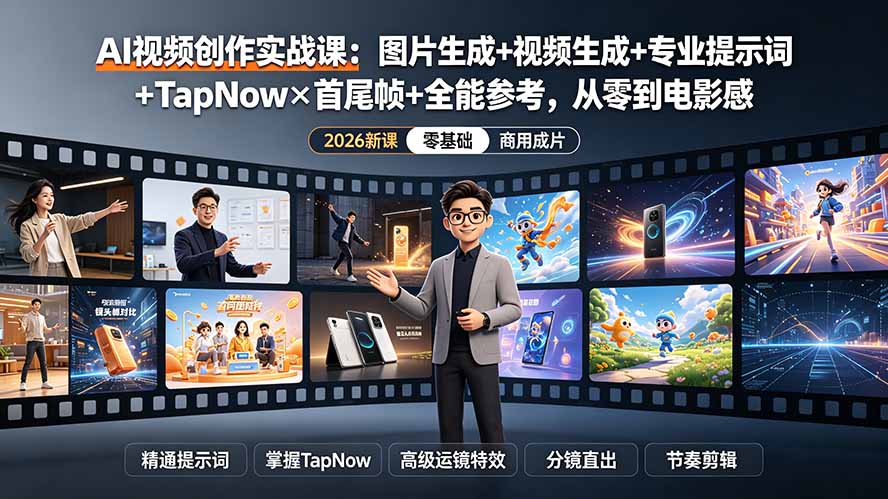 AI视频创作实战课：图片生成+视频生成+专业提示词+TapNow×首尾帧+全能参考，从零到电影感成片-龙部落