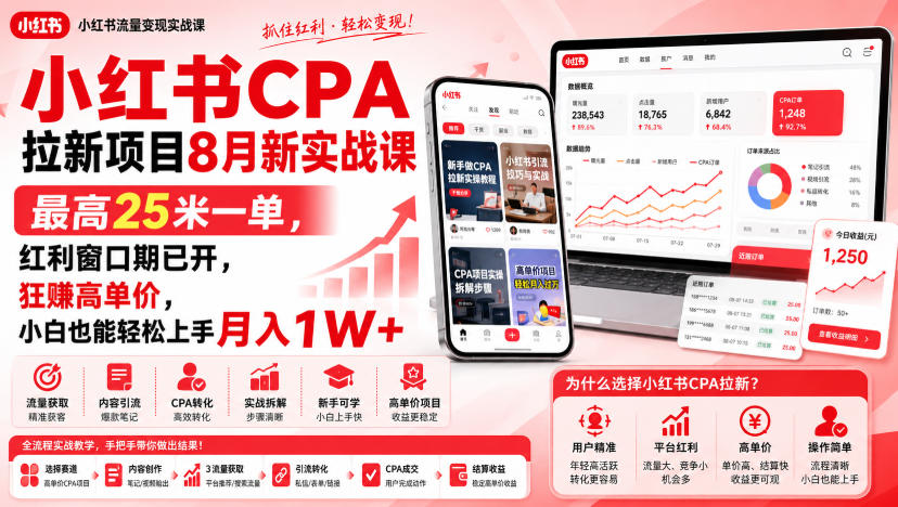 小红书CPA拉新项目8月新实战课，最高25米一单，红利窗口期已开，狂賺高单价，小白也能轻松上手月入1W+（更新0908）