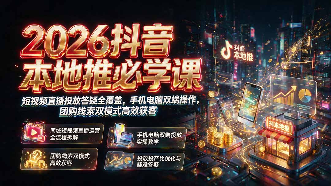 2026抖音本地推必学课|短视频直播投放答疑全覆盖,手机电脑双端操作,团购线索双模式高效获客-龙部落