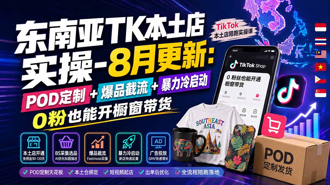 东南亚TK本土店实操-8月更新：POD定制+爆品截流+暴力冷启动，0粉也能开橱窗带货-龙部落