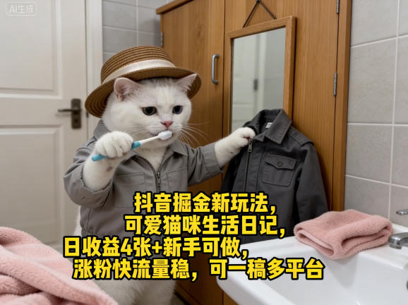 抖音掘金新玩法，可爱猫咪生活日记，日收益4张+新手可做，涨粉快流量稳，可一稿多平台-龙部落