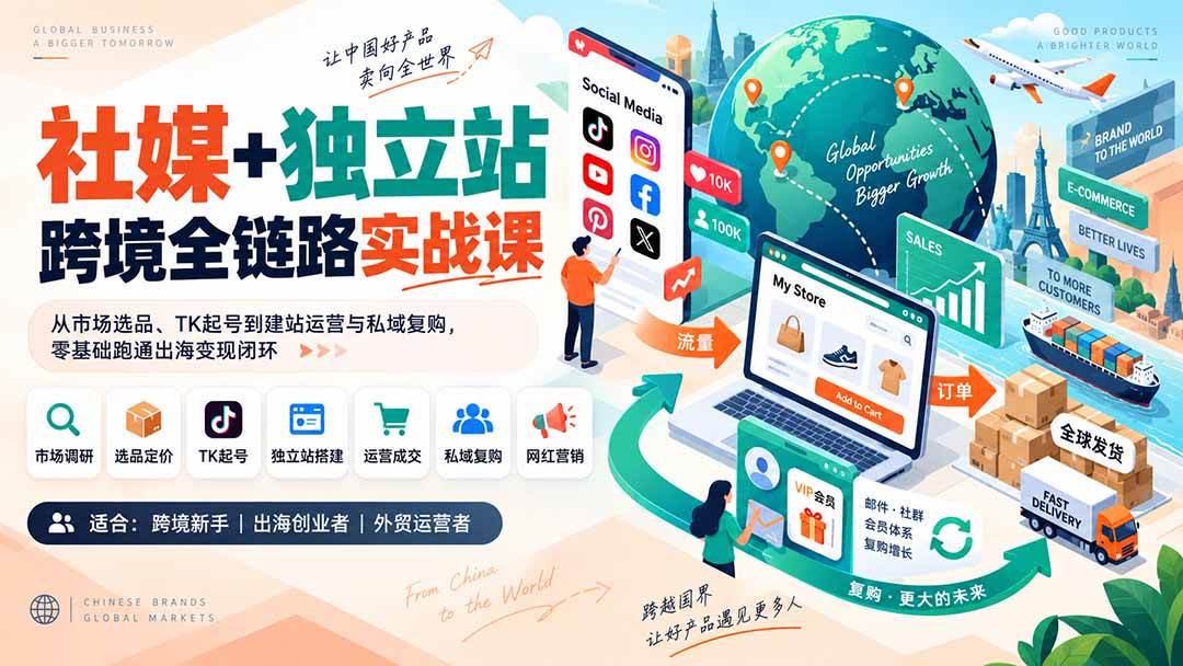 （20361期）社媒+独立站跨境全链路实战课：从市场选品、TK起号到建站运营与私域复购，零基础跑通出海变现闭环-龙部落
