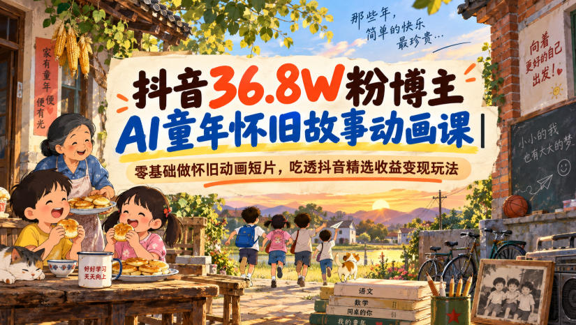 抖音36.8W粉博主AI童年怀旧故事动画课|零基础做怀旧动画短片,吃透抖音精选收益变现玩法-龙部落