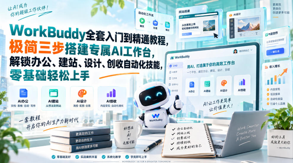 WorkBuddy全套入门到精通教程，极简三步搭建专属AI工作台，解锁办公、建站、设计、创收自动化技能，零基础轻松上手-龙部落