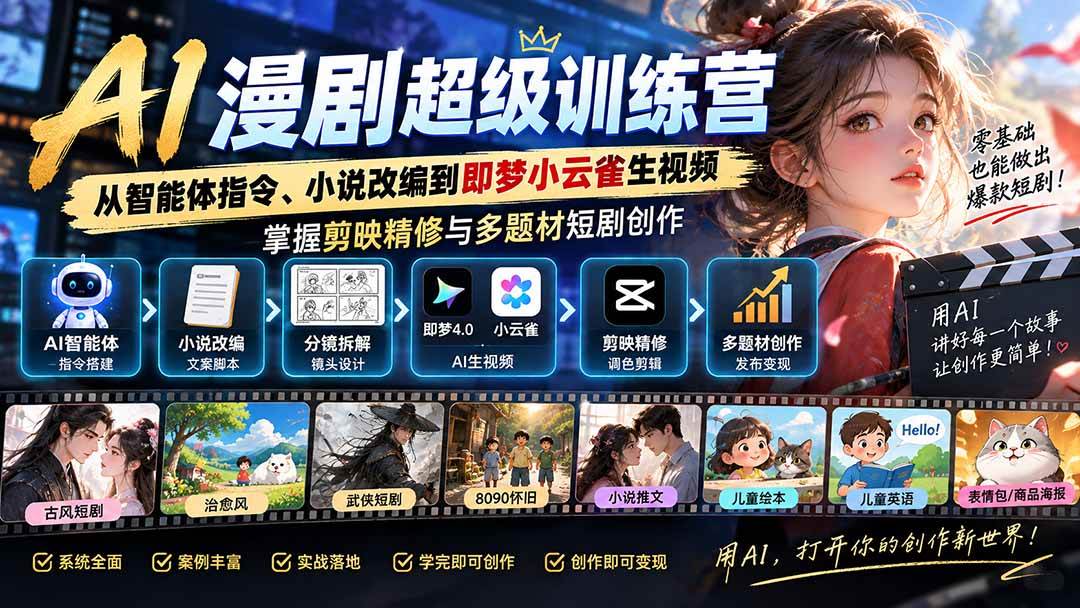 （20491期）AI漫剧超级特训营：从智能体指令、小说改编到即梦小云雀生视频，掌握剪映精修与多题材短剧创作-龙部落