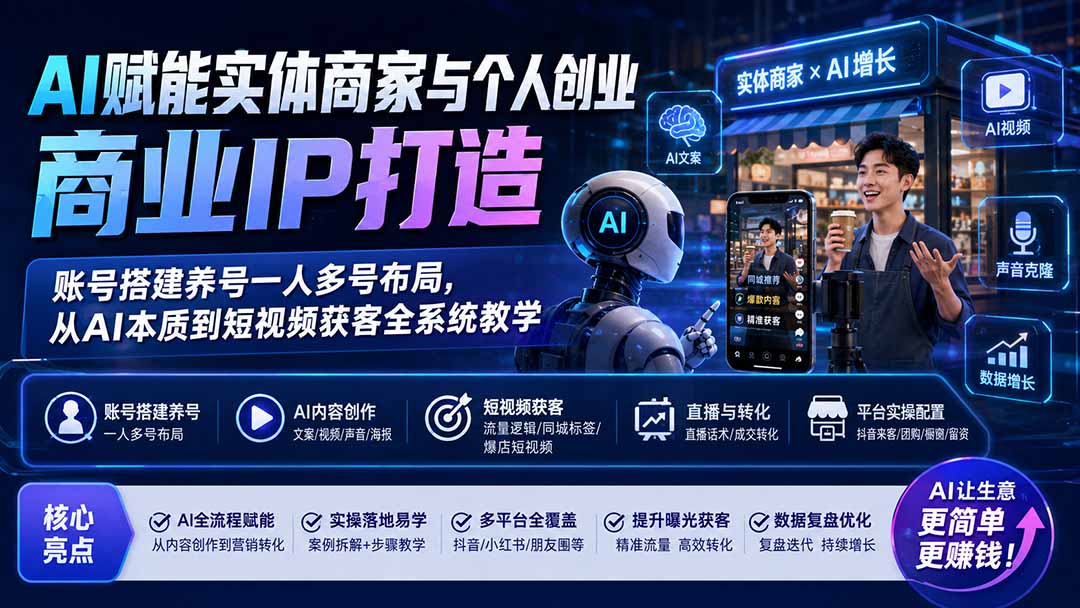 AI赋能实体商家与个人创业商业IP打造；账号搭建养号一人多号布局，从AI本质到短视频获客全系统教学-龙部落