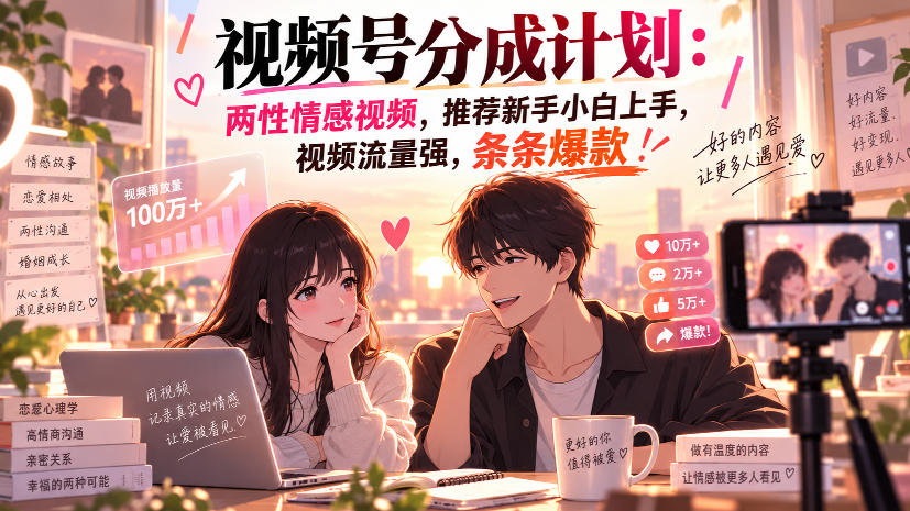 视频号分成计划:两性情感视频,推荐新手小白上手,视频流量强,条条爆款