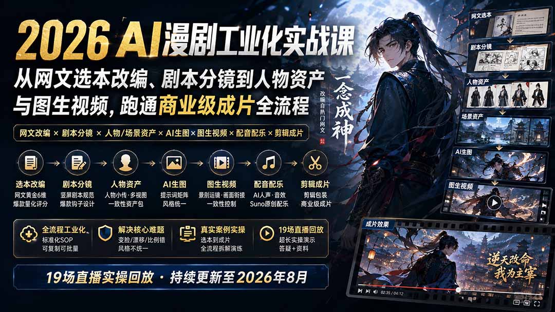 2026 AI漫剧工业化实战课-更新：从网文选本改编、剧本分镜到人物资产与图生视频，跑通商业级成片全流程-龙部落