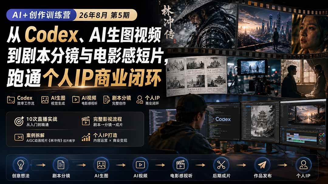 （20348期）AI+创作训练营26年第5期-更新：从Codex、AI生图视频到剧本分镜与电影感短片，跑通个人IP商业闭环