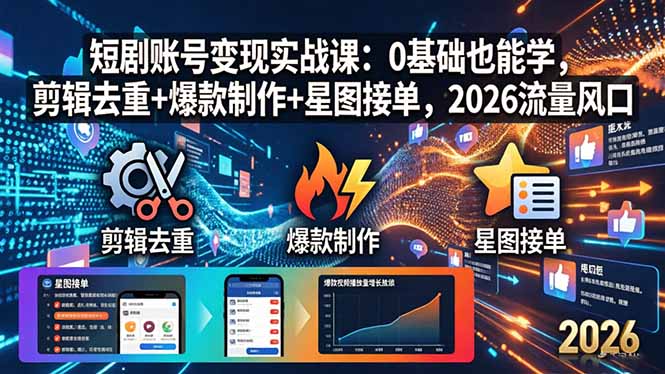 短剧账号变现实战课：0基础也能学，剪辑去重+爆款制作+星图接单，2026流量风口-龙部落