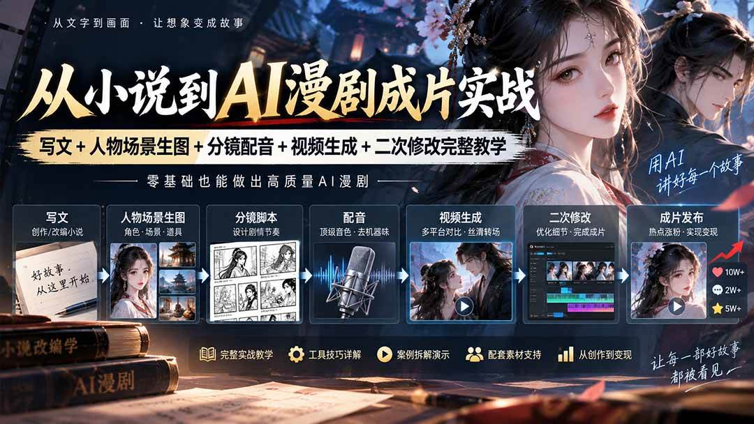 (20577期)从小说到AI漫剧成片实战:写文+人物场景生图+分镜配音+视频生成+二次修改完整教学-龙部落