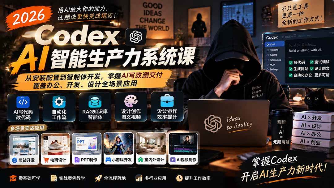 (20535期)2026 Codex AI智能生产力系统课-更新|从安装配置到智能体开发,掌握AI写改测交付,覆盖办公、开发、设计全场景应用-龙部落