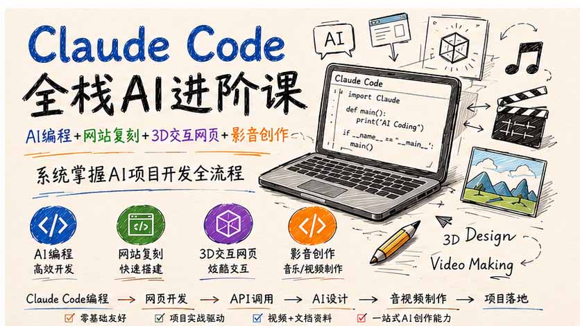 Claude Code全栈AI进阶课；AI编程+网站复刻+3D交互网页+影音创作，系统掌握AI项目开发全流程-龙部落