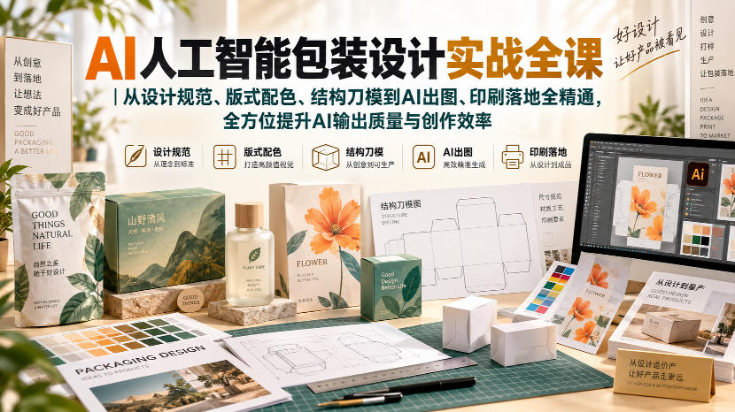 AI人工智能包装设计实战全课｜从设计规范、版式配色、结构刀模到AI出图、印刷落地全精通-龙部落