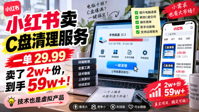 小红书卖C盘清理服务，一单29.99，卖了2w+份，技术也是虚拟产品-龙部落