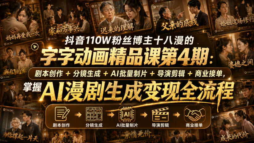 抖音110W粉丝博主十八漫的字字动画精品课第4期：剧本创作+分镜生成+剪辑+商业接单，掌握AI漫剧生成变现全流程（更新0916）-龙部落