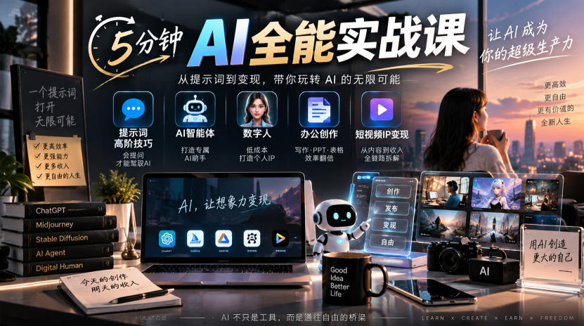 5分钟AI全能实战课｜提示词高阶技巧+AI智能体+数字人+办公创作+短视频IP变现全教程-龙部落