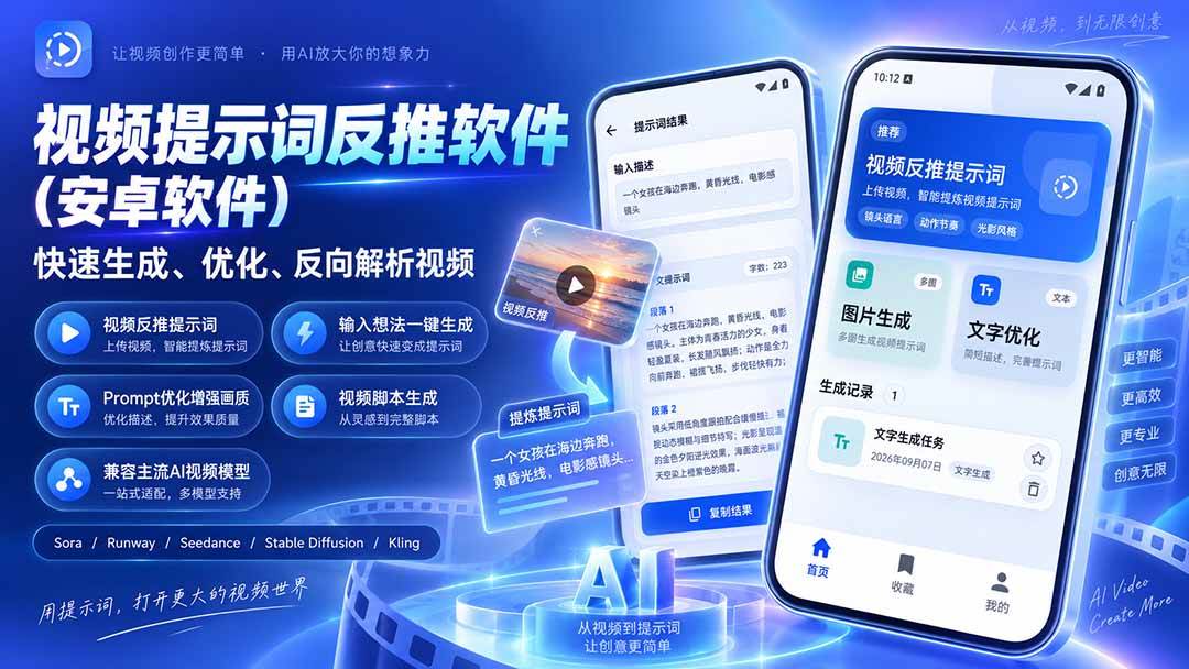（20301期）视频提示词反推软件（安卓软件），快速生成、优化、反向解析视频-龙部落