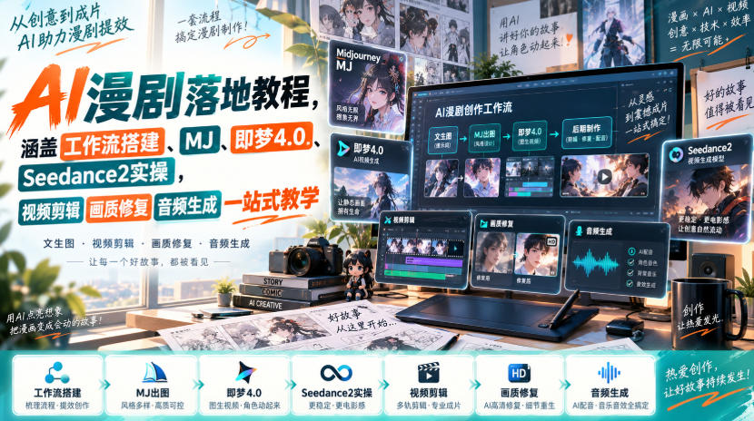 AI漫剧落地教程，涵盖工作流搭建、MJ、即梦4.0、Seedance2实操，视频剪辑画质修复音频生成一站式教学-龙部落