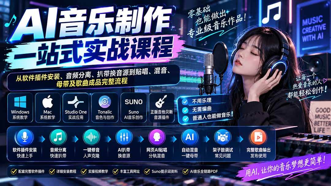（20490期）AI音乐制作一站式实战课程：从软件插件安装、音频分离、扒带换音源到贴唱、混音、母带及歌曲成品完整流程-龙部落