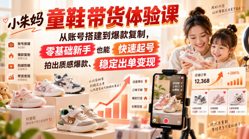 小朱妈童鞋带货体验课，从账号搭建到爆款复制，零基础新手也能快速起号、拍出质感爆款、稳定出单变现-龙部落