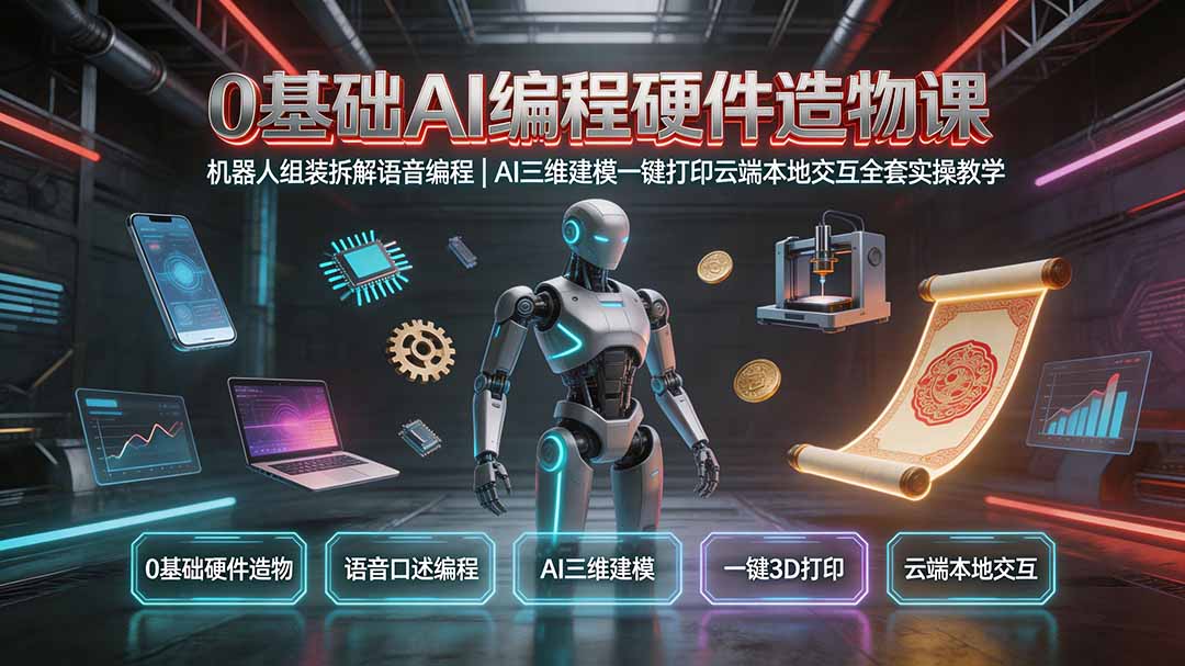 0基础AI编程硬件造物课|机器人组装拆解语音编程,AI三维建模一键打印云端本地交互全套实操教学-龙部落