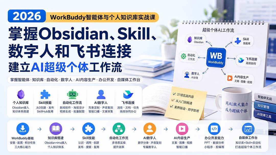 (20169期)2026 WorkBuddy智能体与个人知识库实战课:掌握Obsidian、Skill、数字人和飞书连接,建立AI超级个体工作流-龙部落
