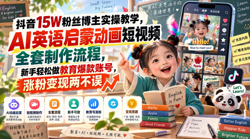 抖音15W粉丝博主实操教学，AI英语启蒙动画短视频全套制作流程，新手轻松做教育爆款账号，涨粉变现两不误-龙部落